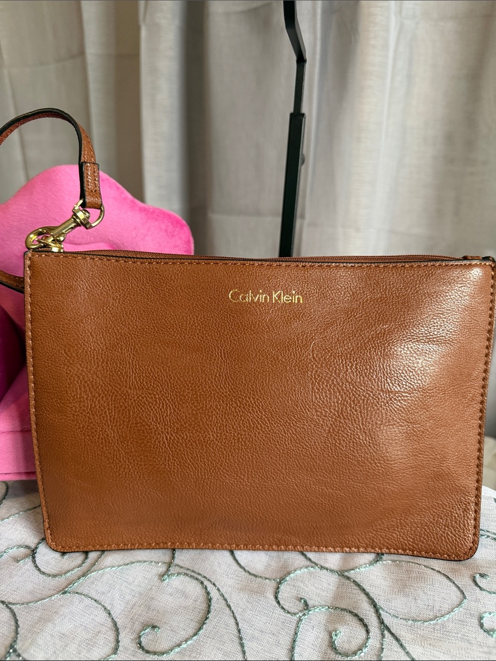 Calvin Klein Tan Brown Leather Wristlet with Gold Logo